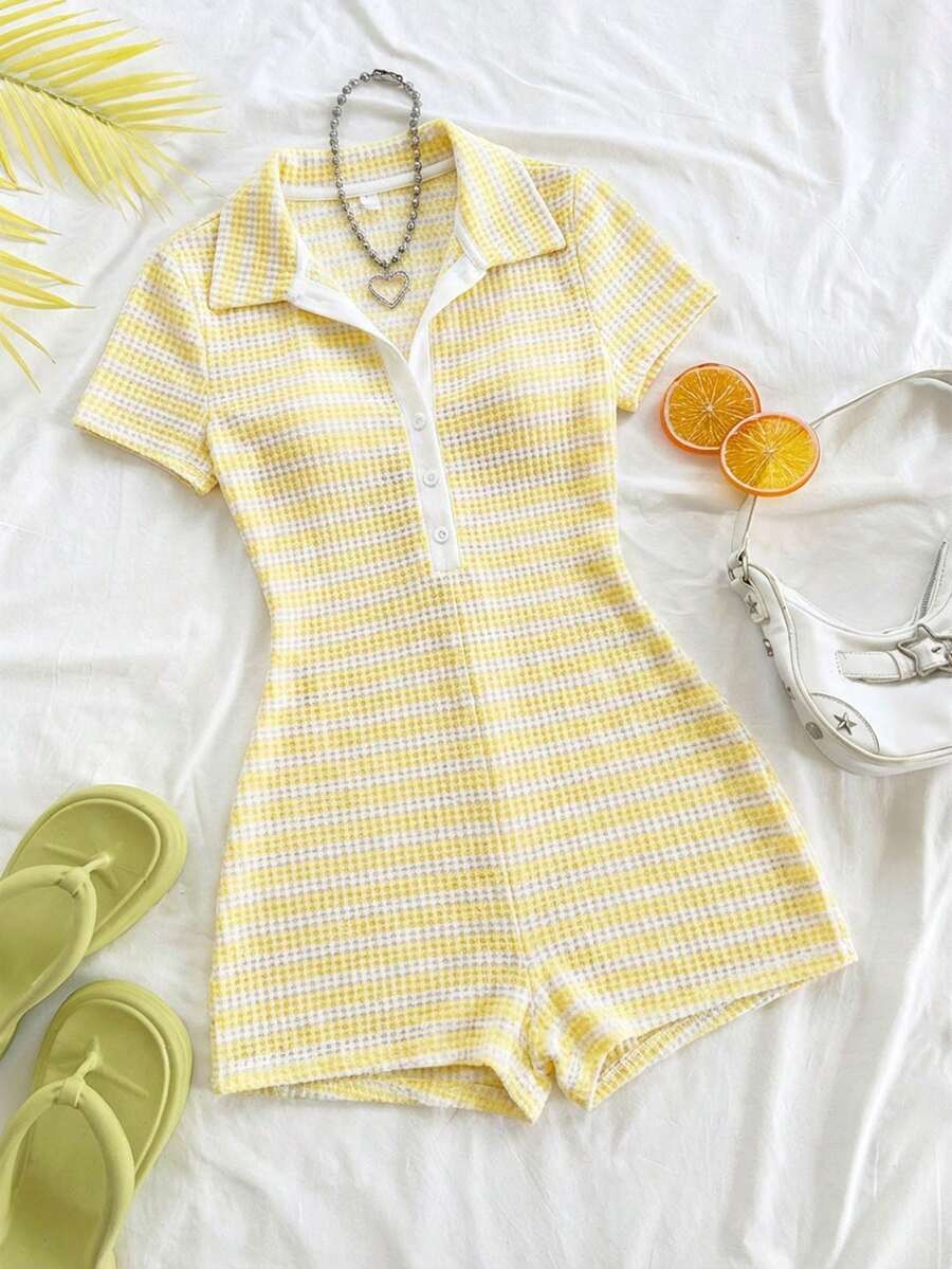 yellow and white gingham collared romper