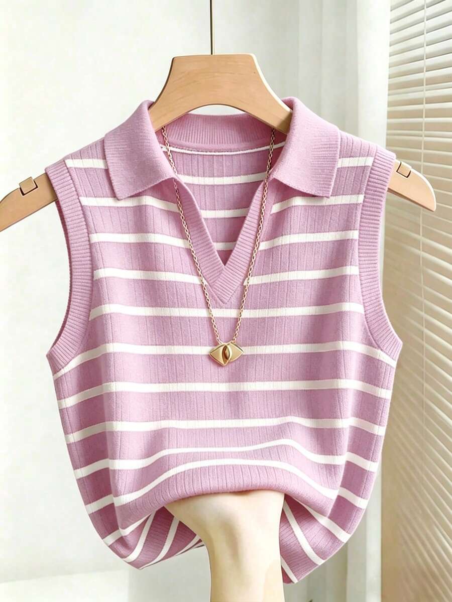 lilac and white striped ribbed knit sweater vest