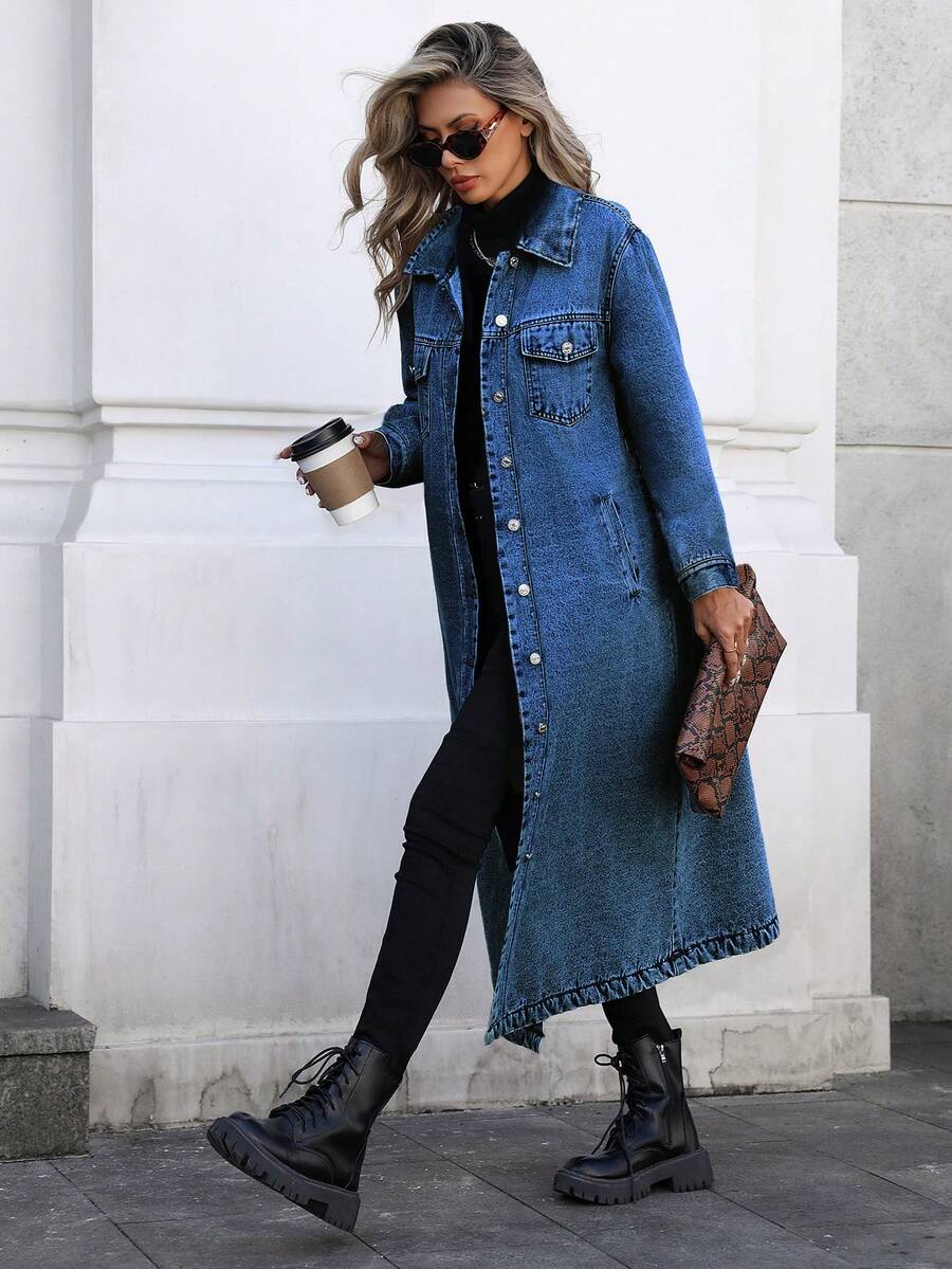 long denim trench coat with front button closure
