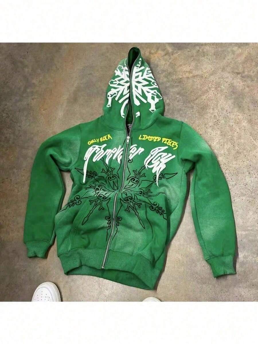 green snow pattern printed casual zip-up hoodie