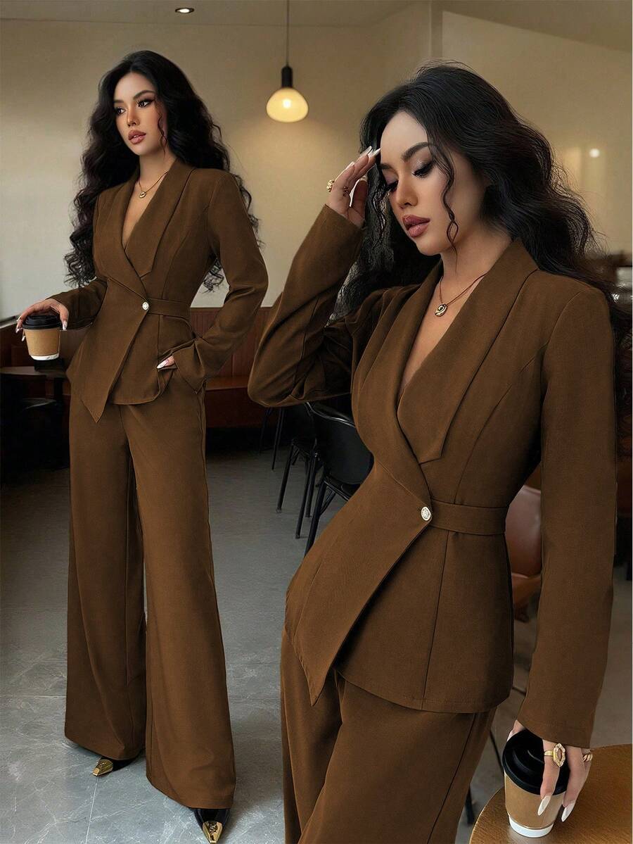brown tailored blazer and wide-leg trousers set
