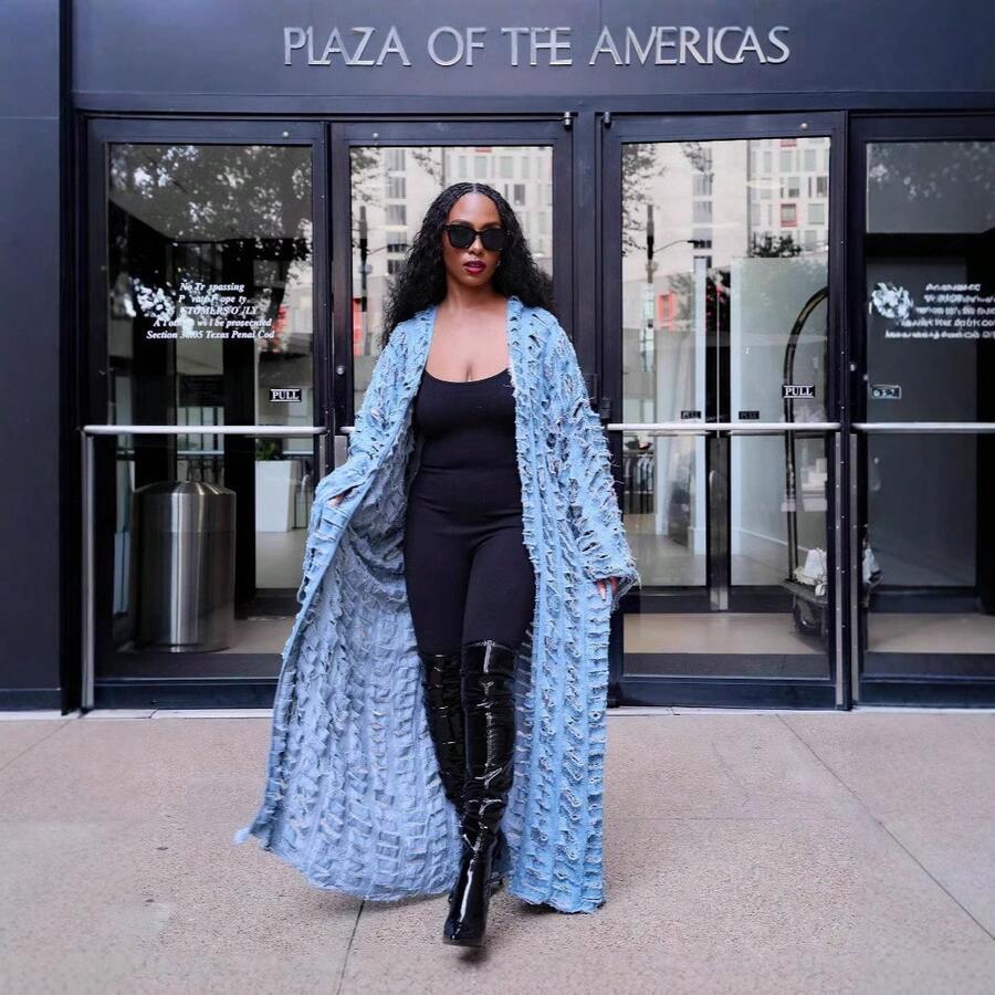 distressed denim long duster coat