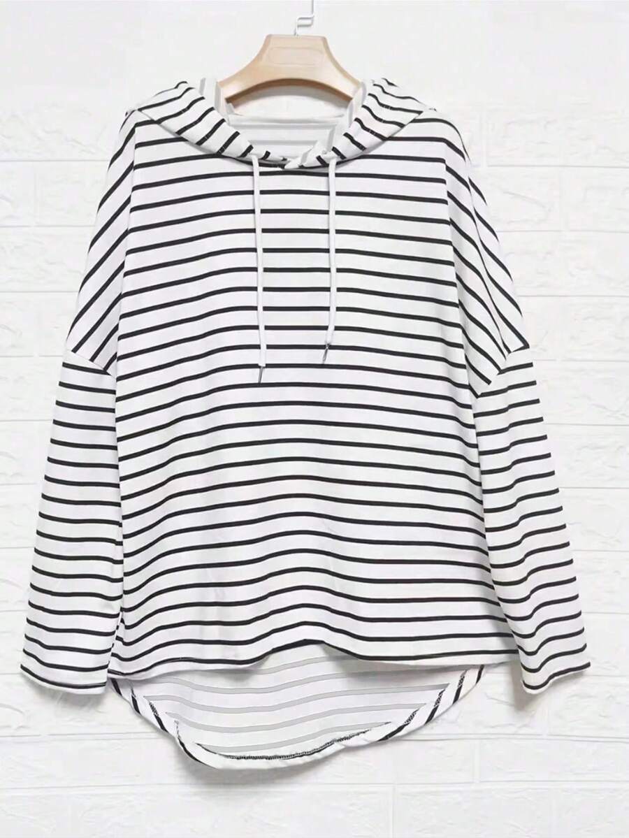 striped drop shoulder long sleeve drawstring hoodie