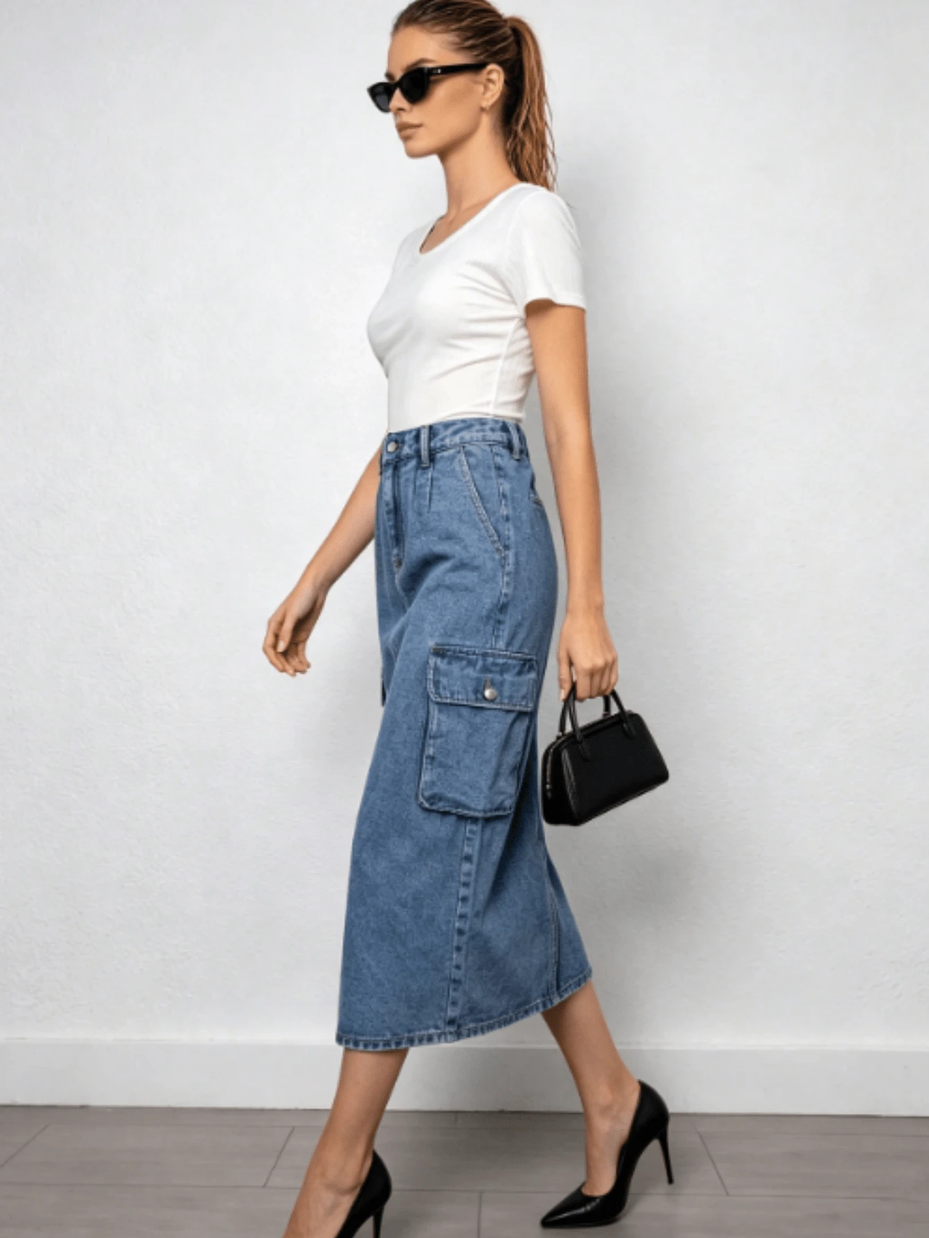 blue denim cargo midi skirt