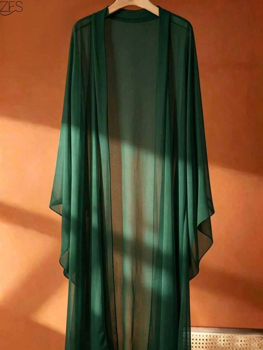 bohemian style long sleeve green chiffon flowing poncho