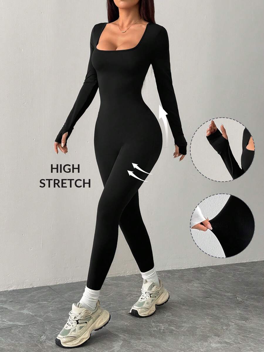 black long sleeve square neck jumpsuit