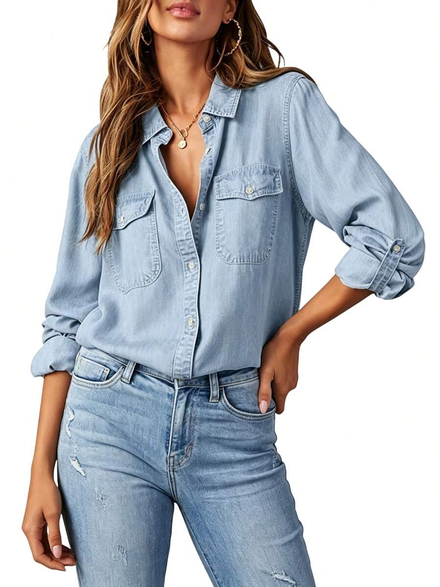 light wash denim button down shirt