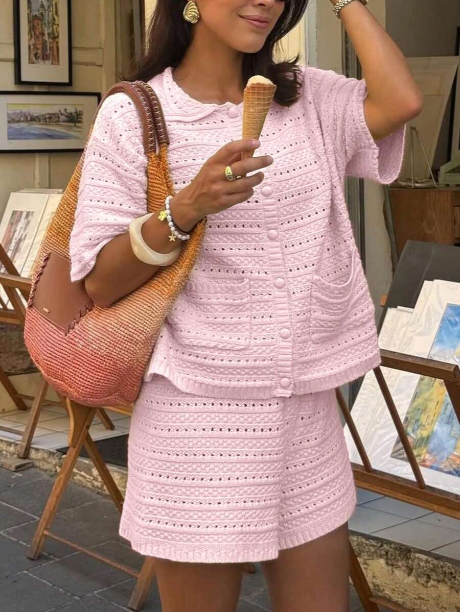 pink knit button-up short sleeve set