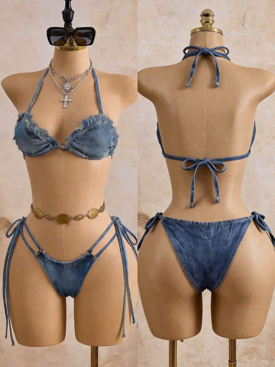sexy denim halter fringe bikini set