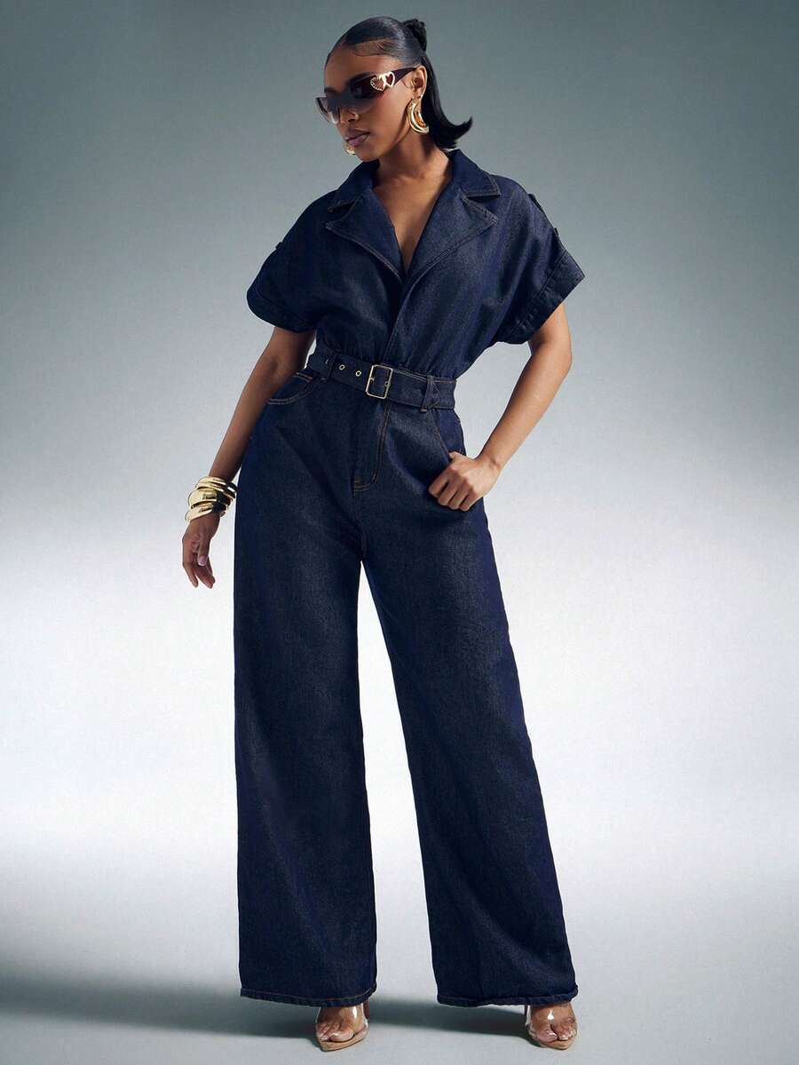 wide leg short sleeve collared denim jumpsuit