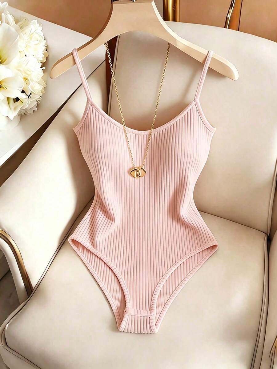 pink ribbed casual layering bodysuit