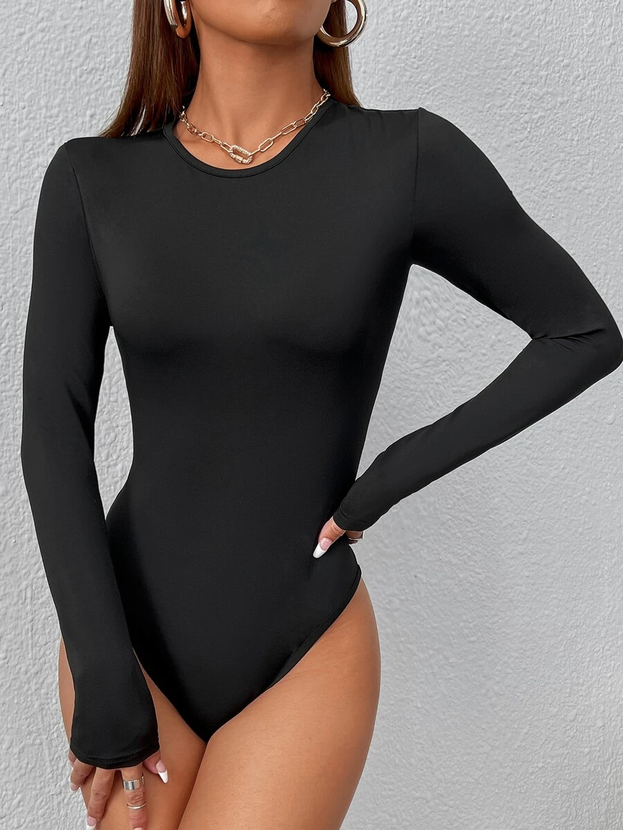 solid black long sleeve slim fit bodysuit