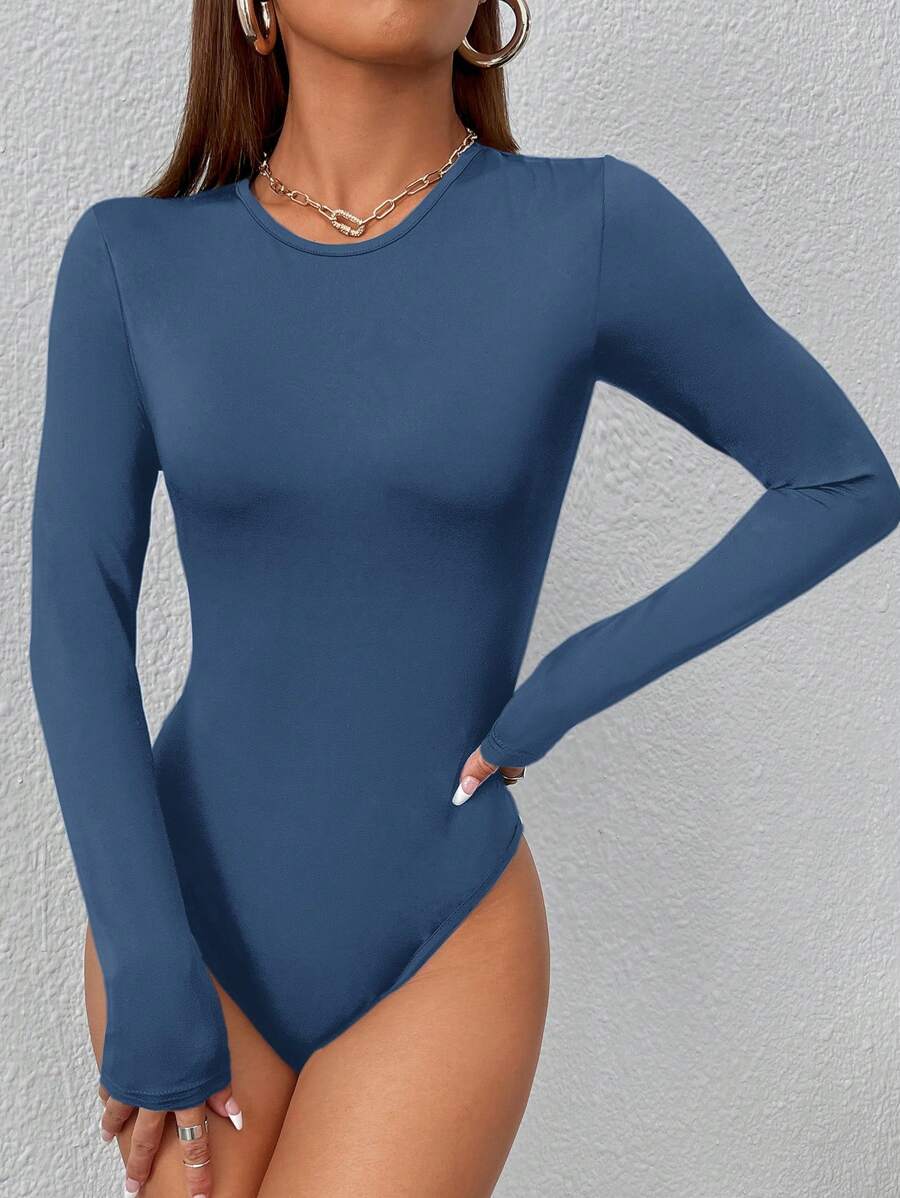 solid blue long sleeve slim fit bodysuit