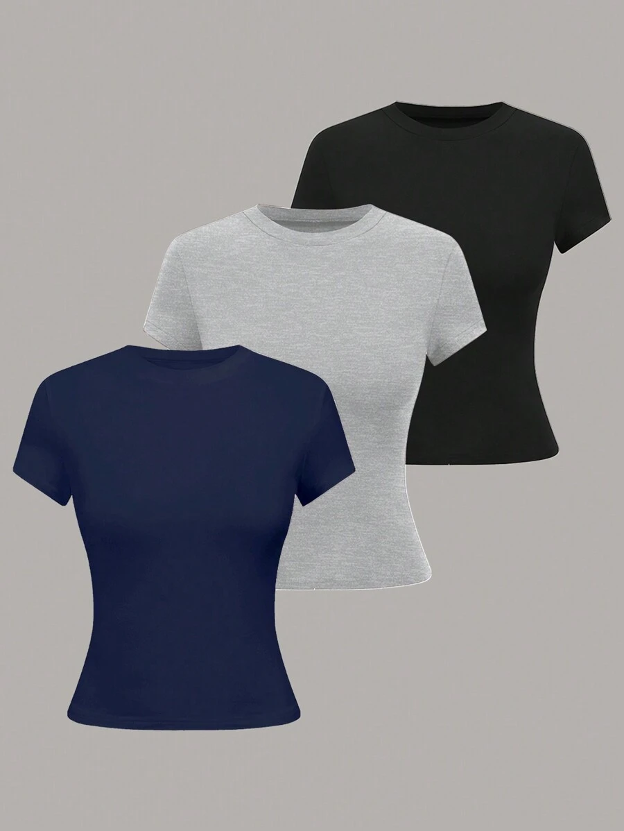 grey fitted round neck short sleeve cotton blend top