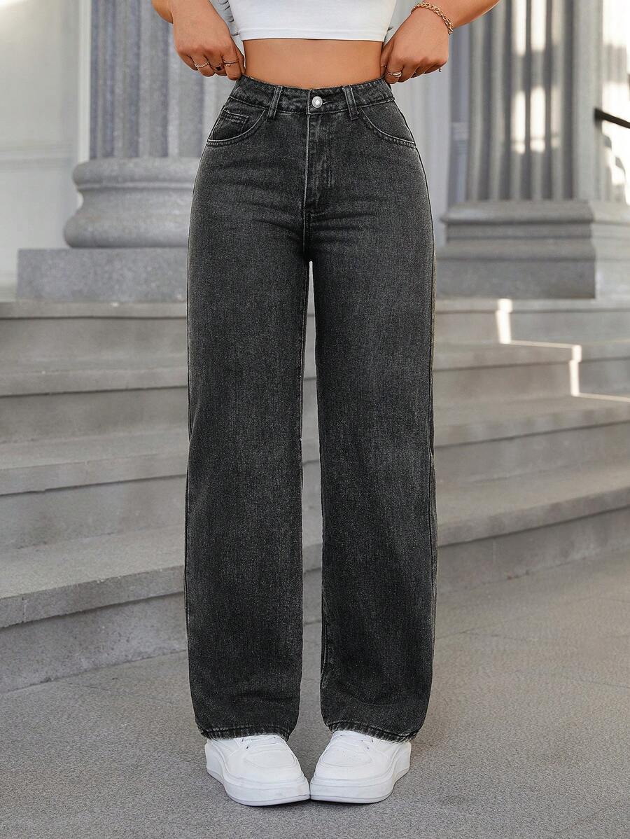 casual black denim straight leg long jeans