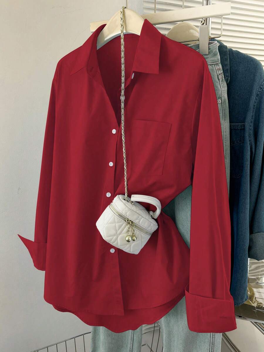 casual solid red long sleeve button down shirt