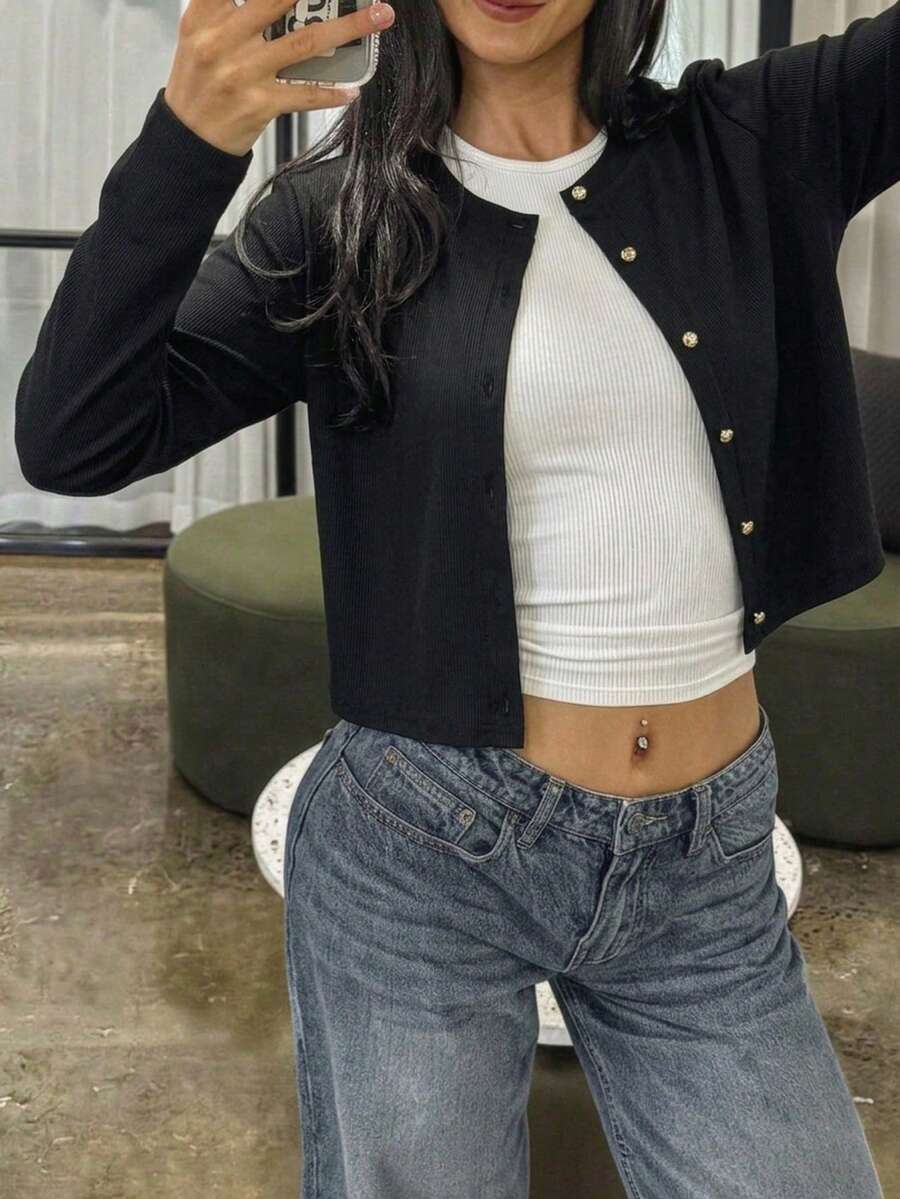 women's solid black ribbed button-up cardigan