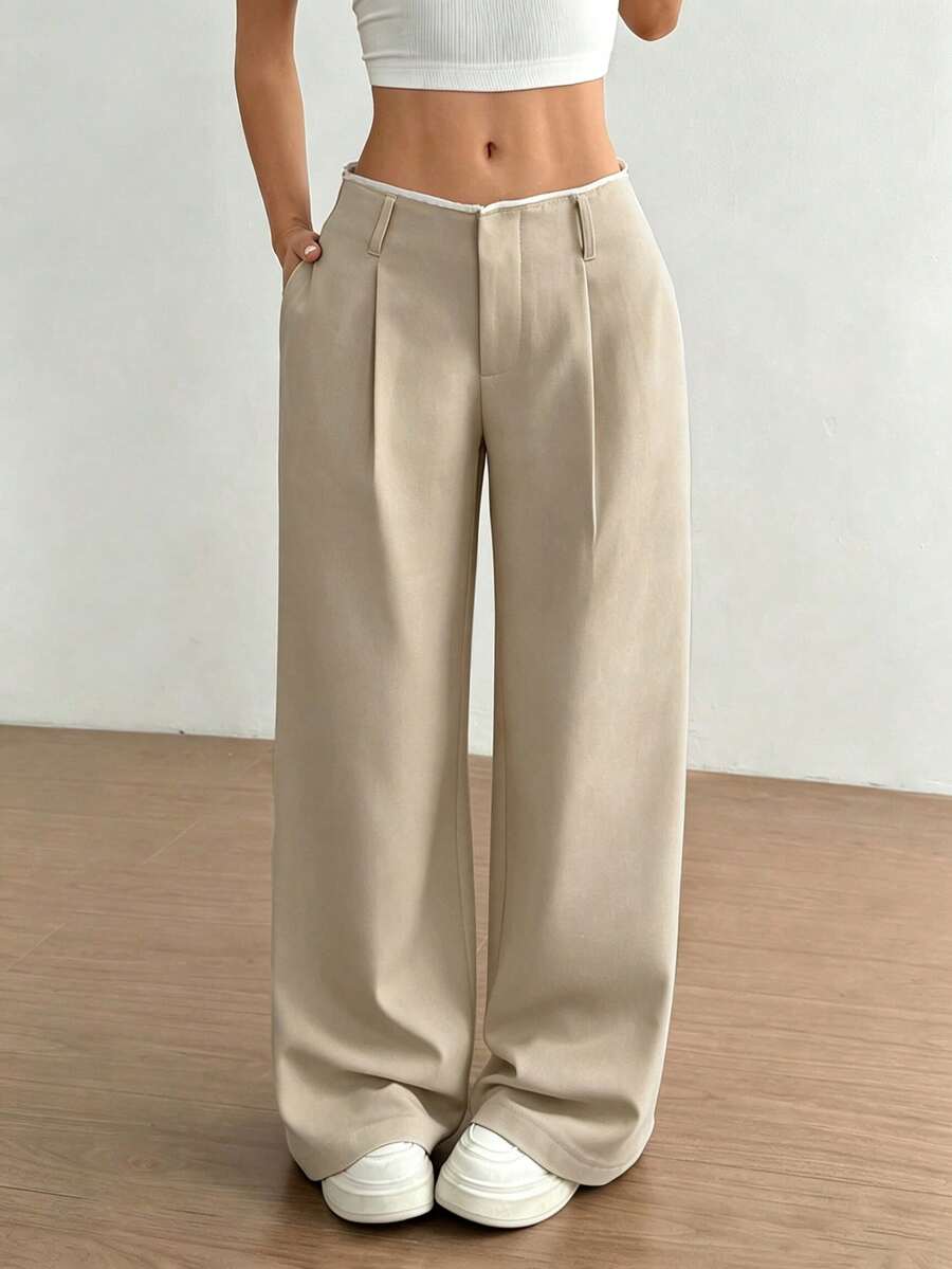 beige high-waisted straight-leg tailored trousers