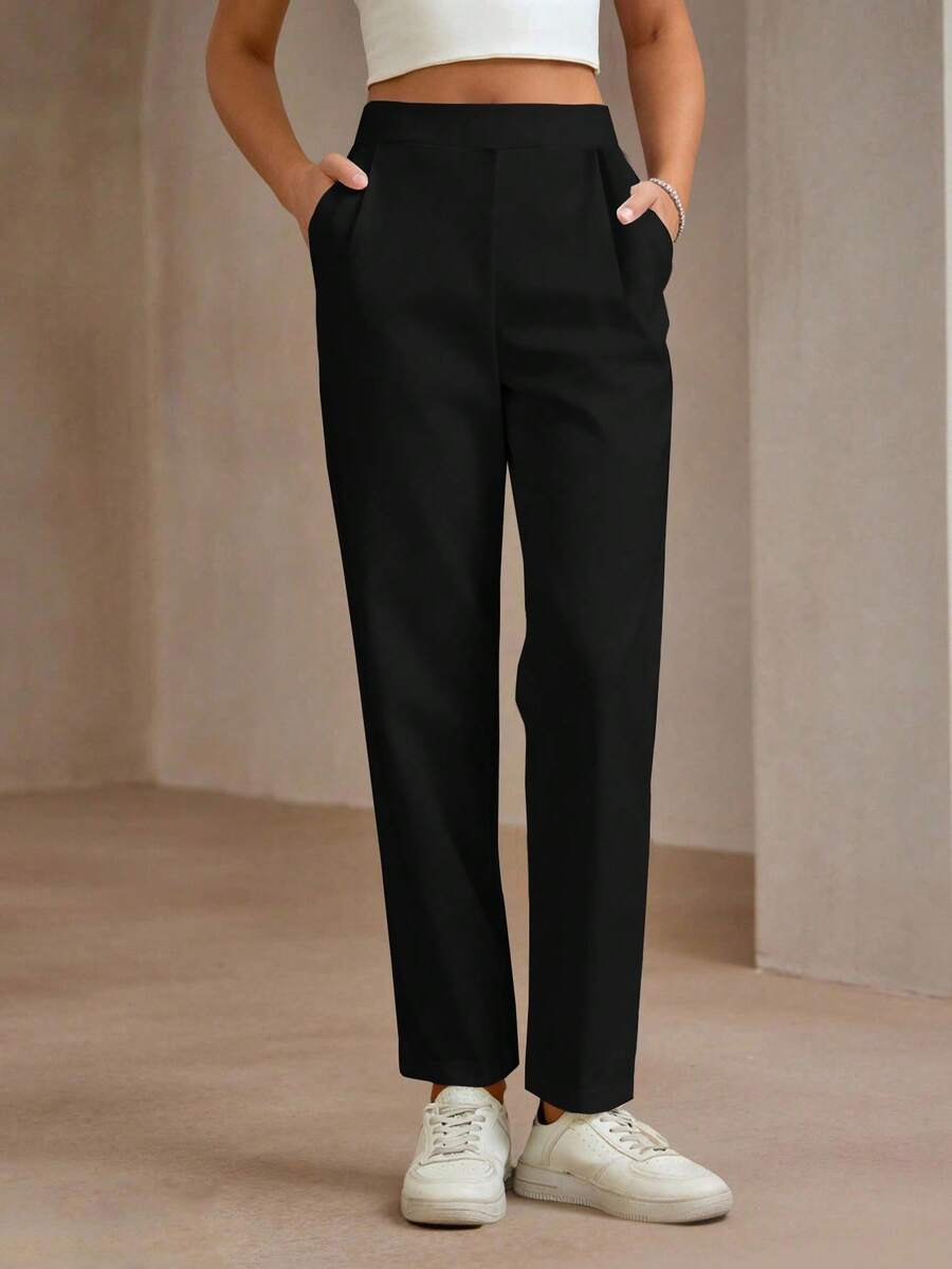 black straight leg petite trousers with pockets