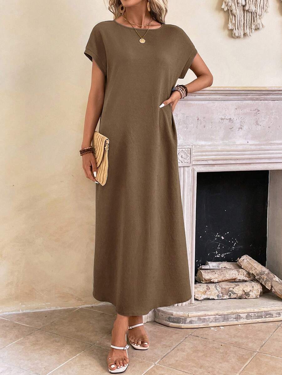 simple solid color short sleeve midi dress