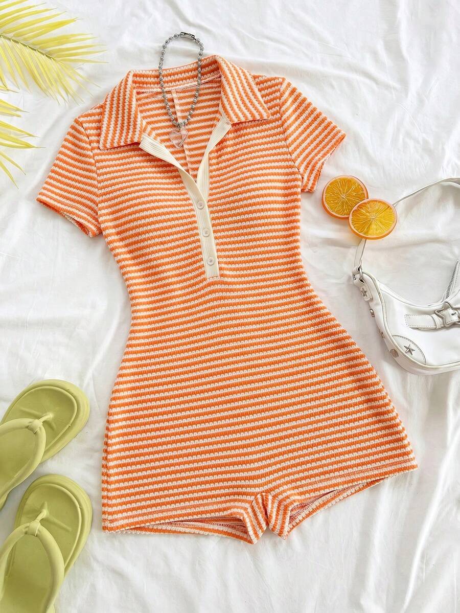 orange and white striped ribbed knit playsuit