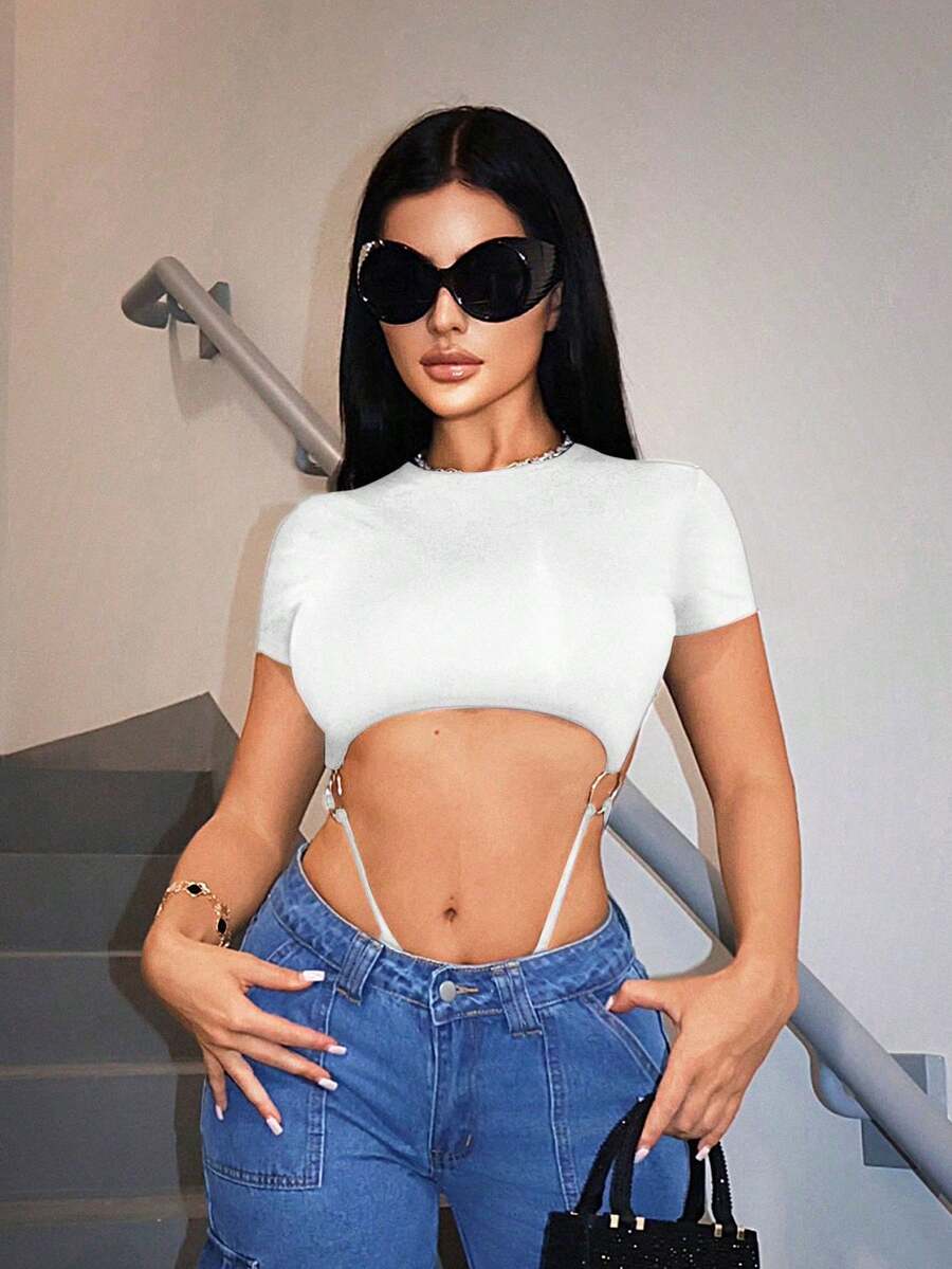 white casual backless bodysuit with ring detail