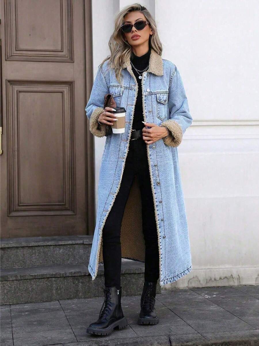 long denim coat with fleece lining