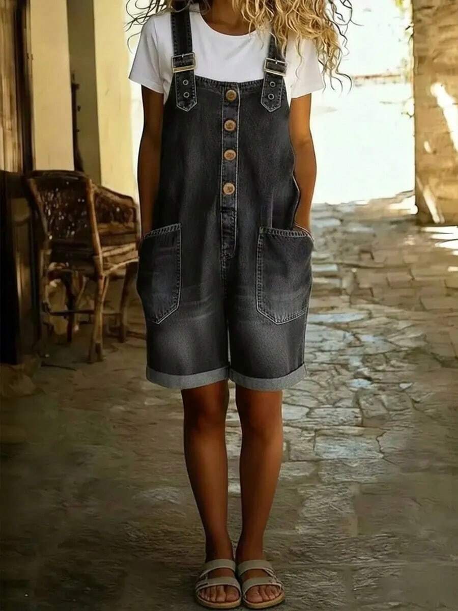 women's black denim overall shorts romper