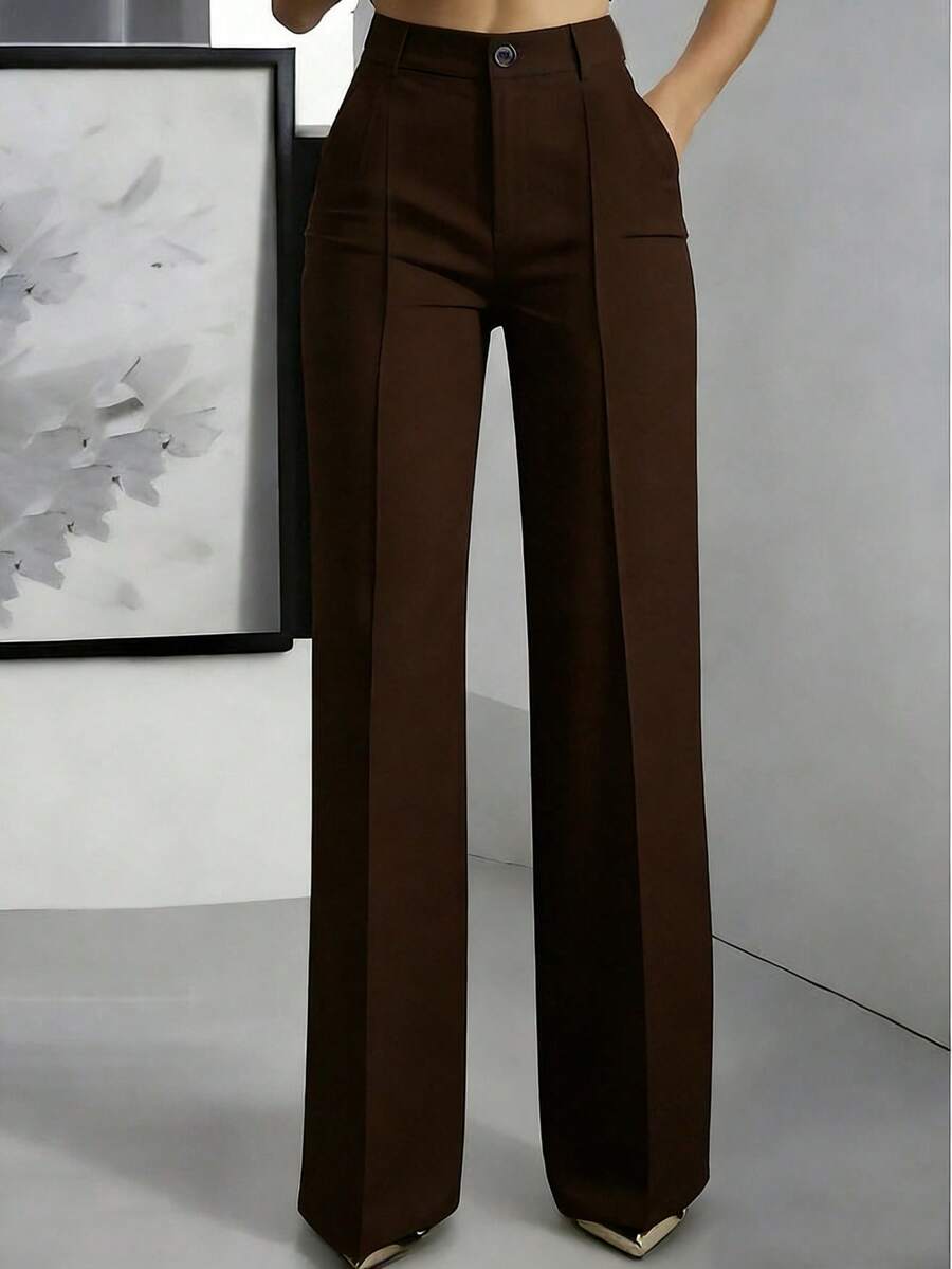 brown high waist straight leg work trousers