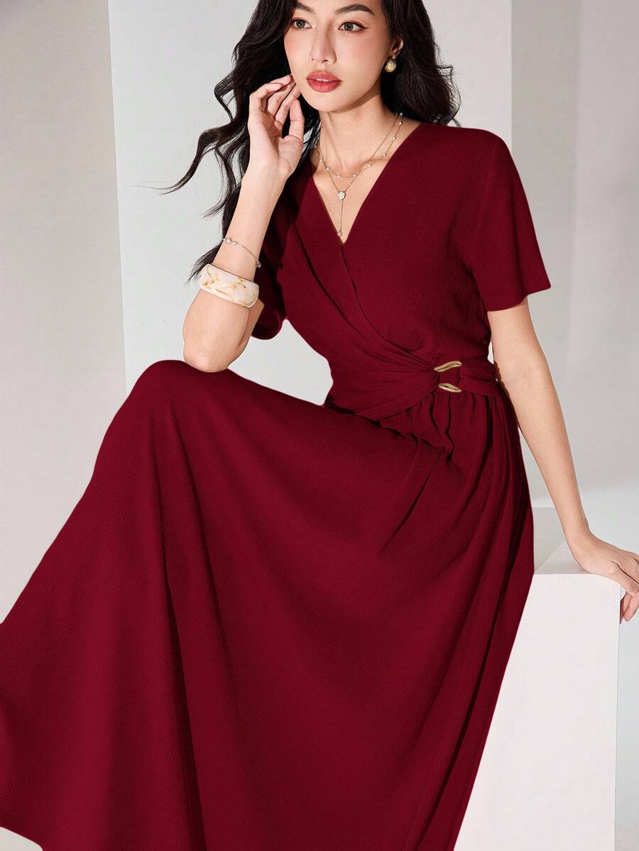 elegant solid color wrap long dress