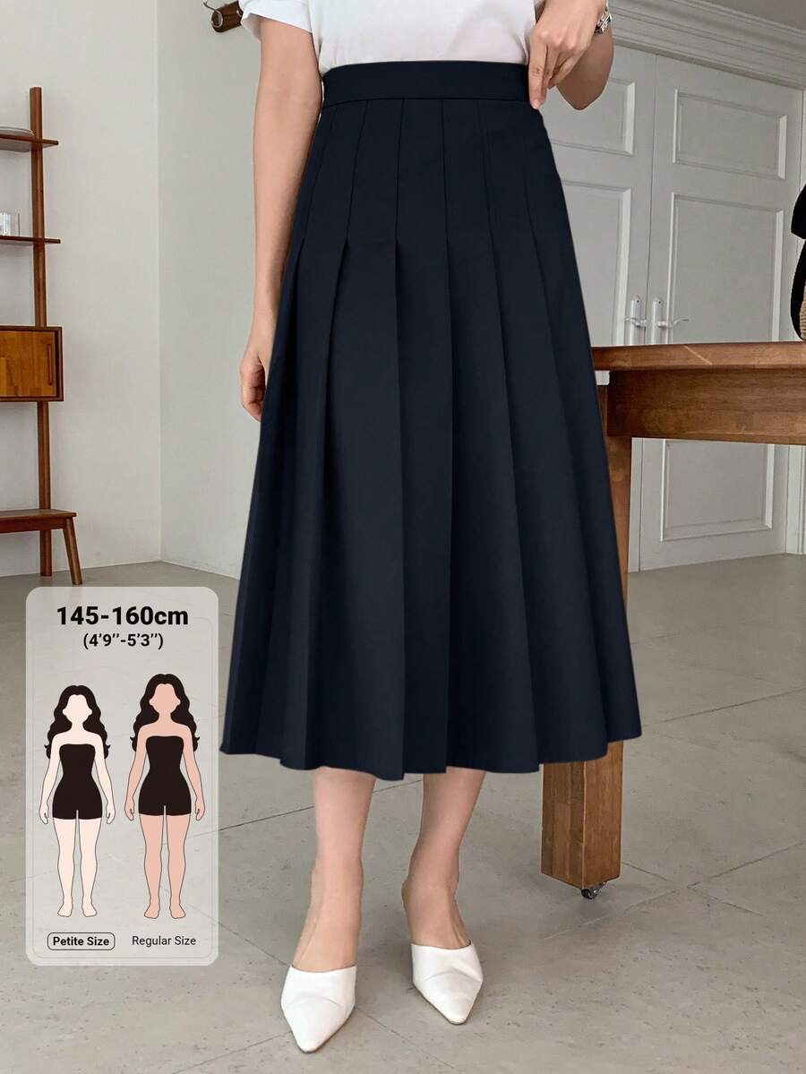 solid navy blue pleated midi skirt