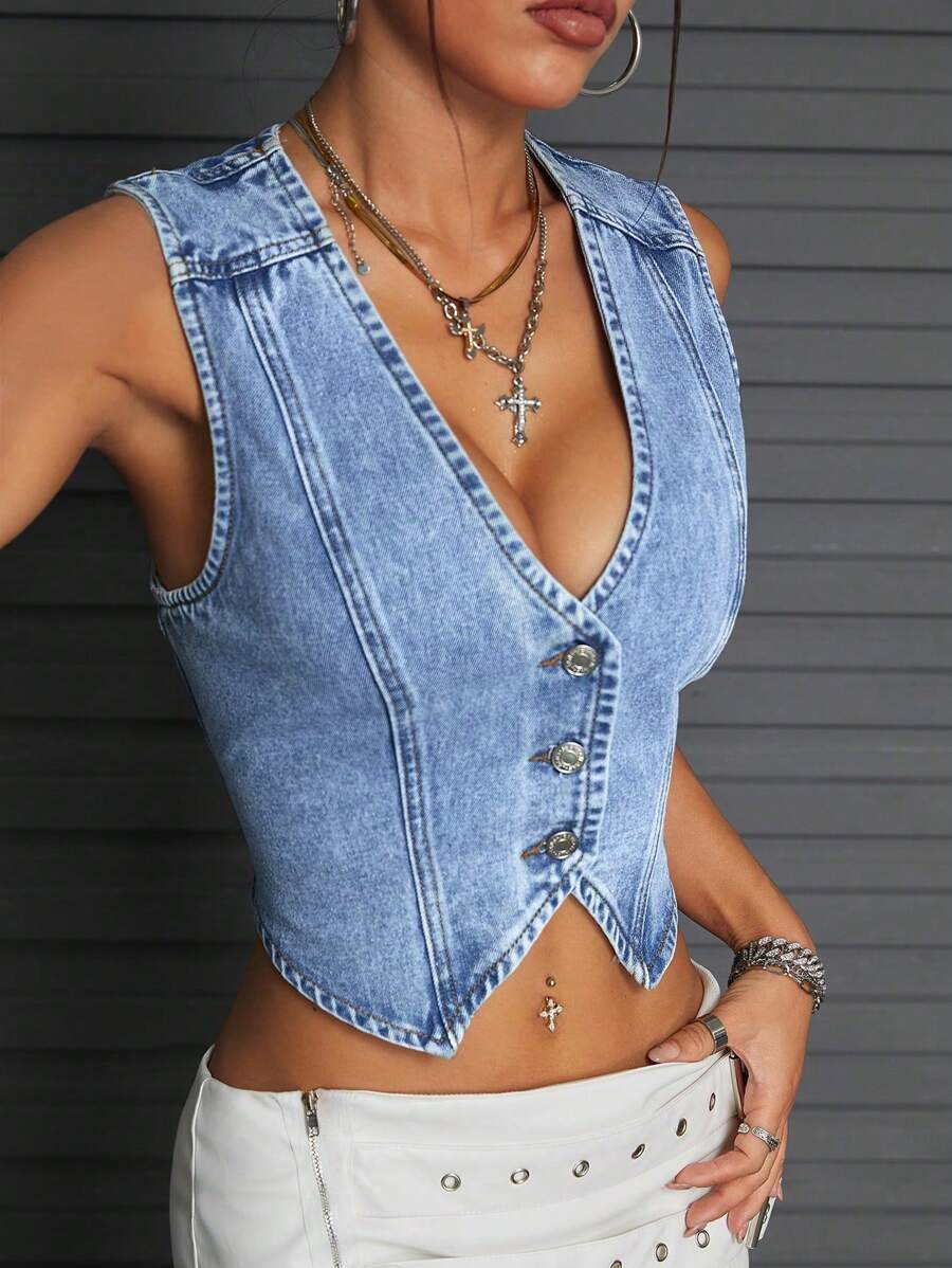 sleeveless washed denim vest