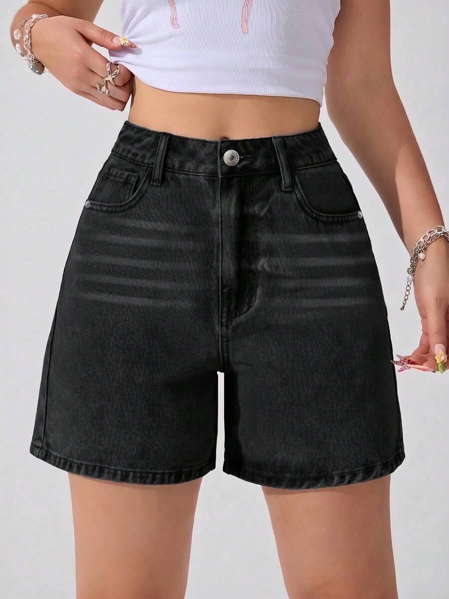washed black denim casual everyday shorts