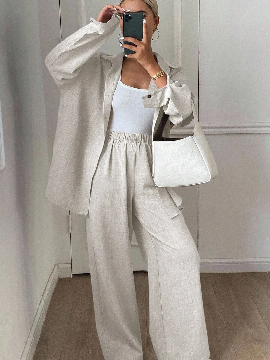 solid color linen loose casual two piece set