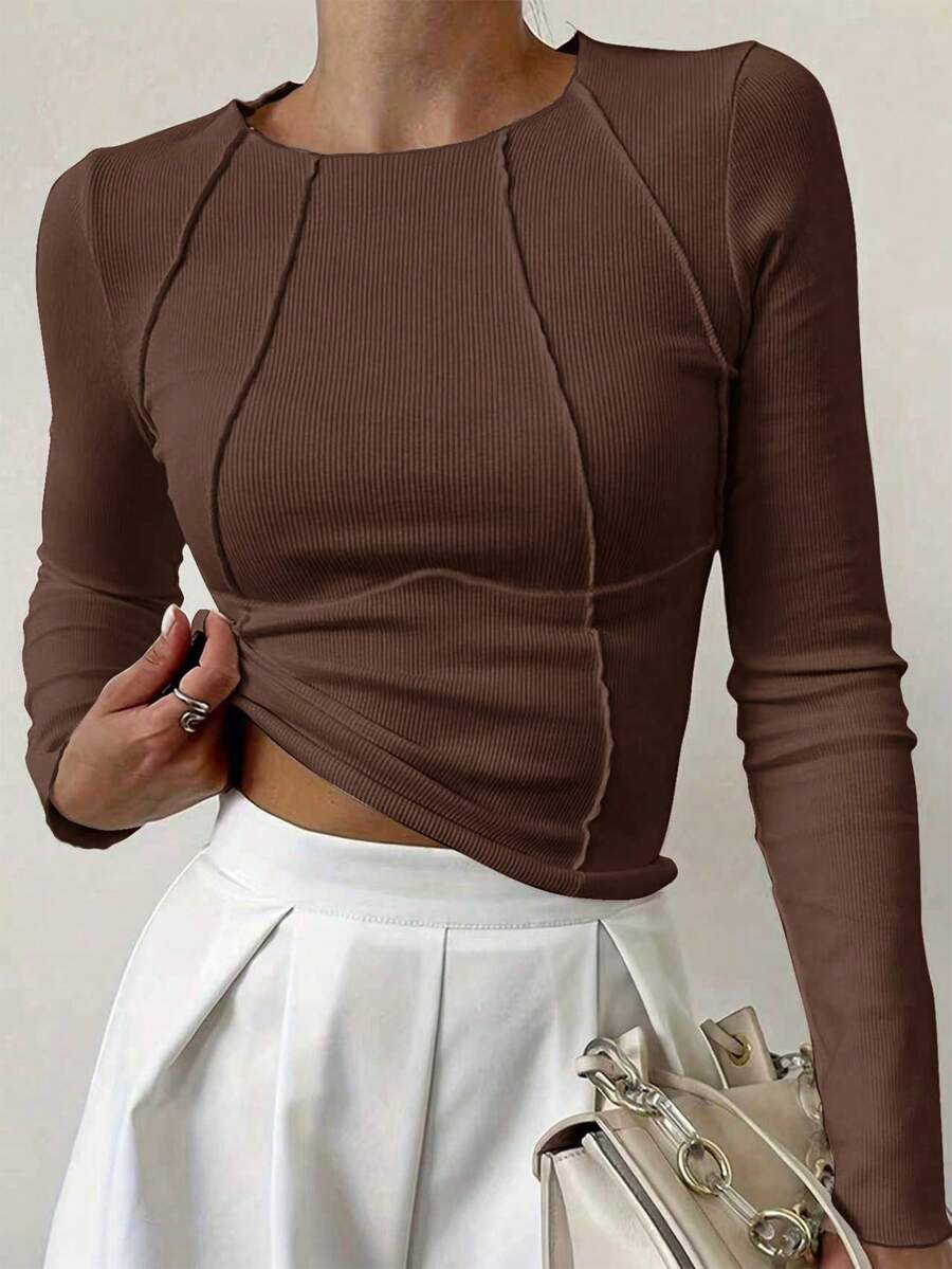 visible stitching slim fit brown ribbed knit top