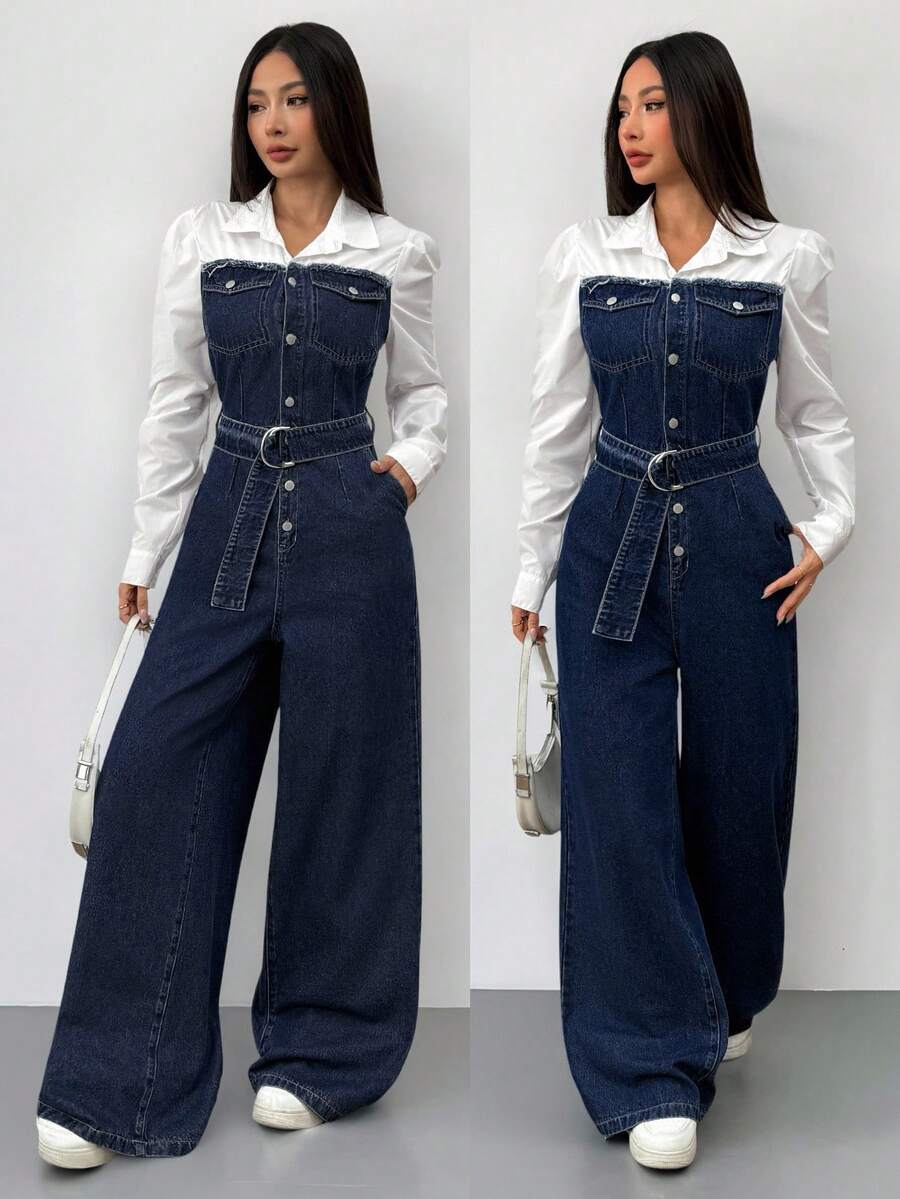 denim and white shirt combo jumpsuit