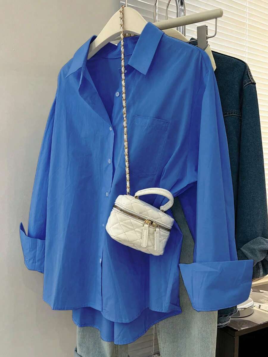 bright blue casual cotton button-down blouse