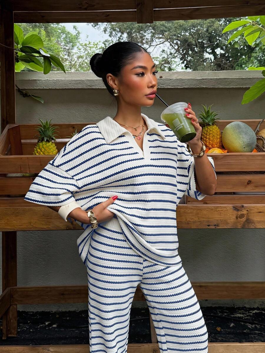 navy blue striped short sleeve polo top