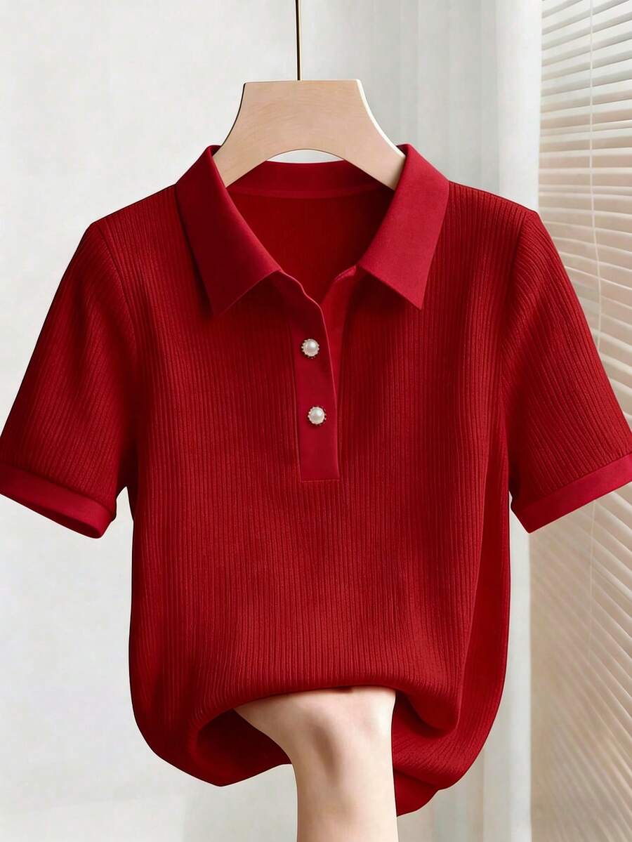 red ribbed short sleeve polo shirt