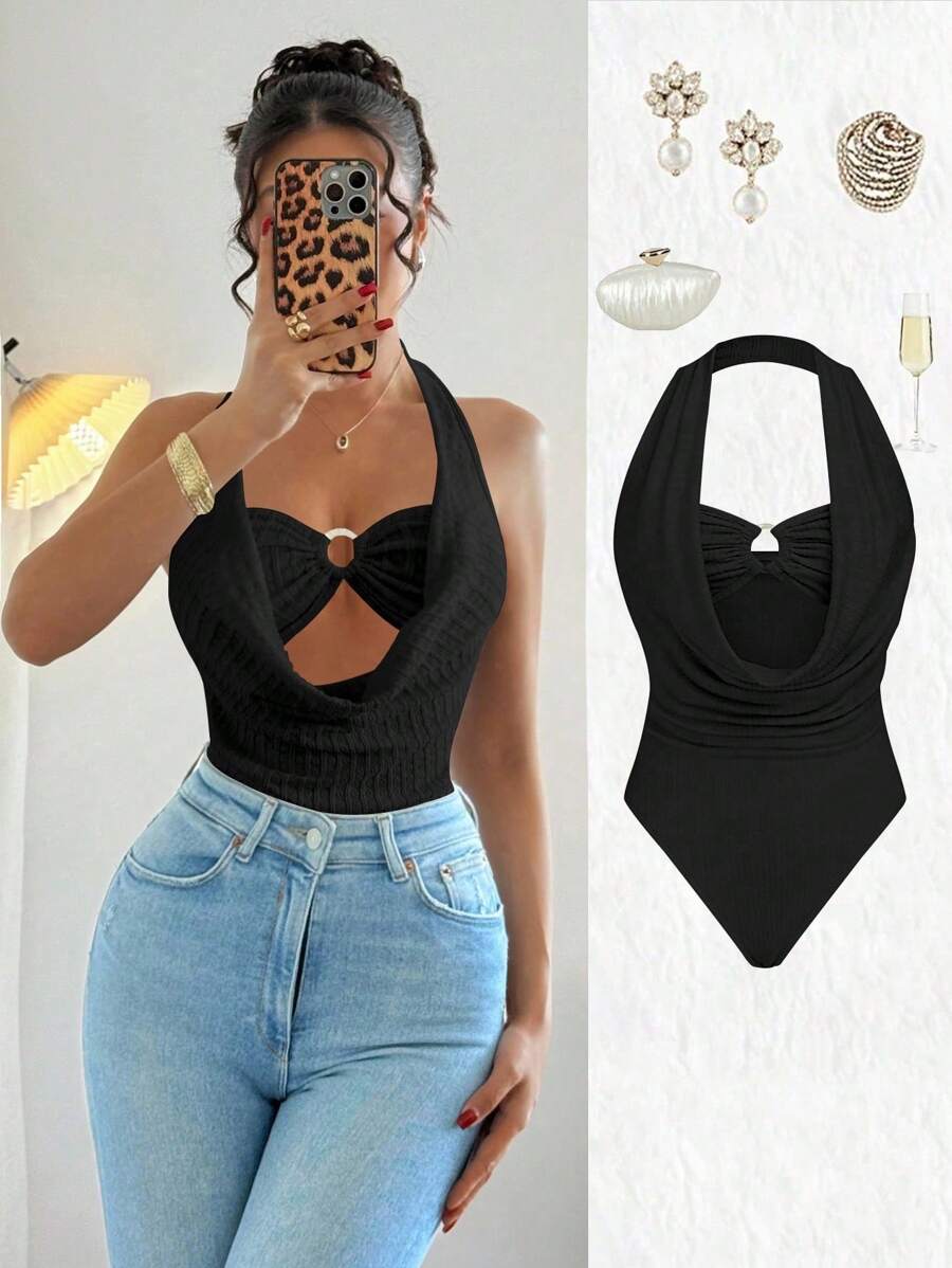 black ribbed halter neck plunge bodysuit with ring detail
