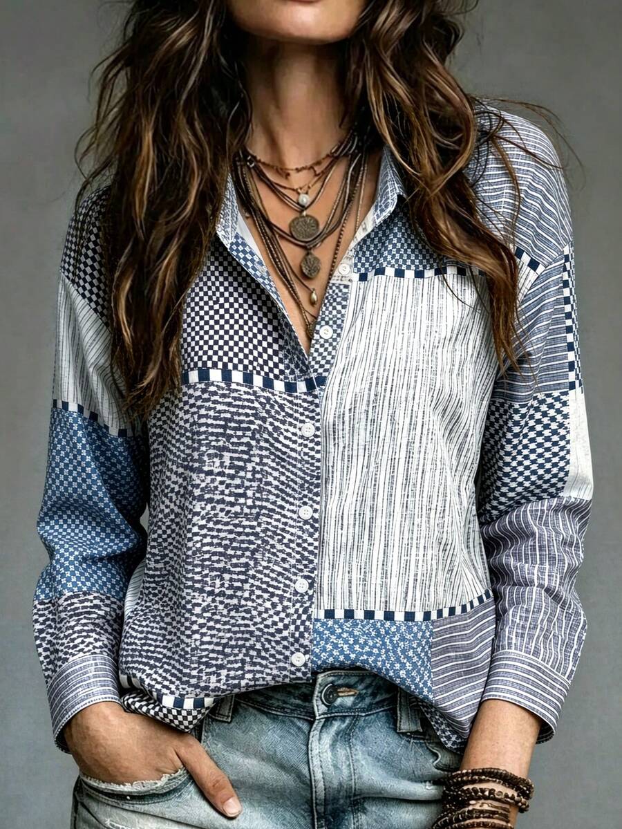patchwork cotton button-down shirt