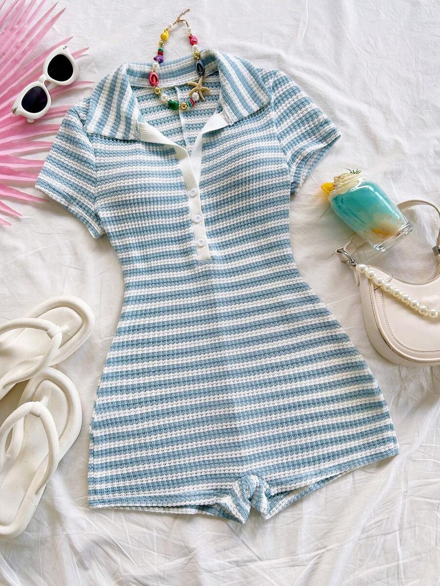 blue and white striped ribbed knit casual playsuit