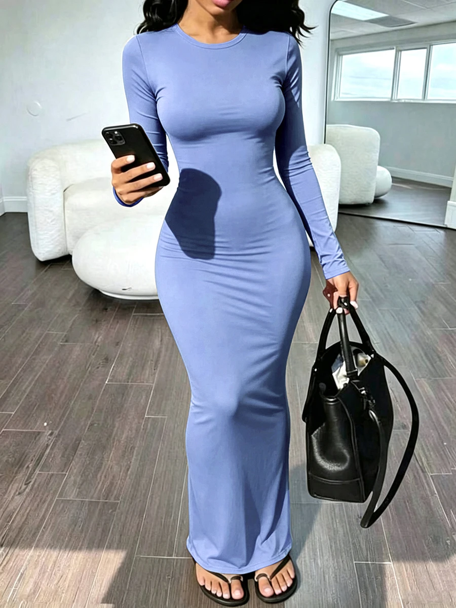 periwinkle blue long sleeve fitted maxi dress