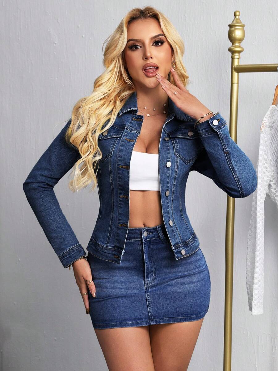 fitted dark wash denim jacket with metal buttons