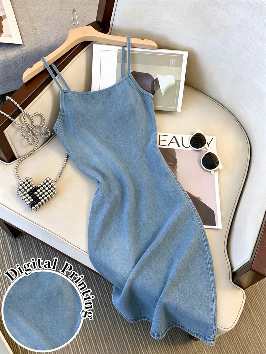 light blue denim spaghetti strap midi dress