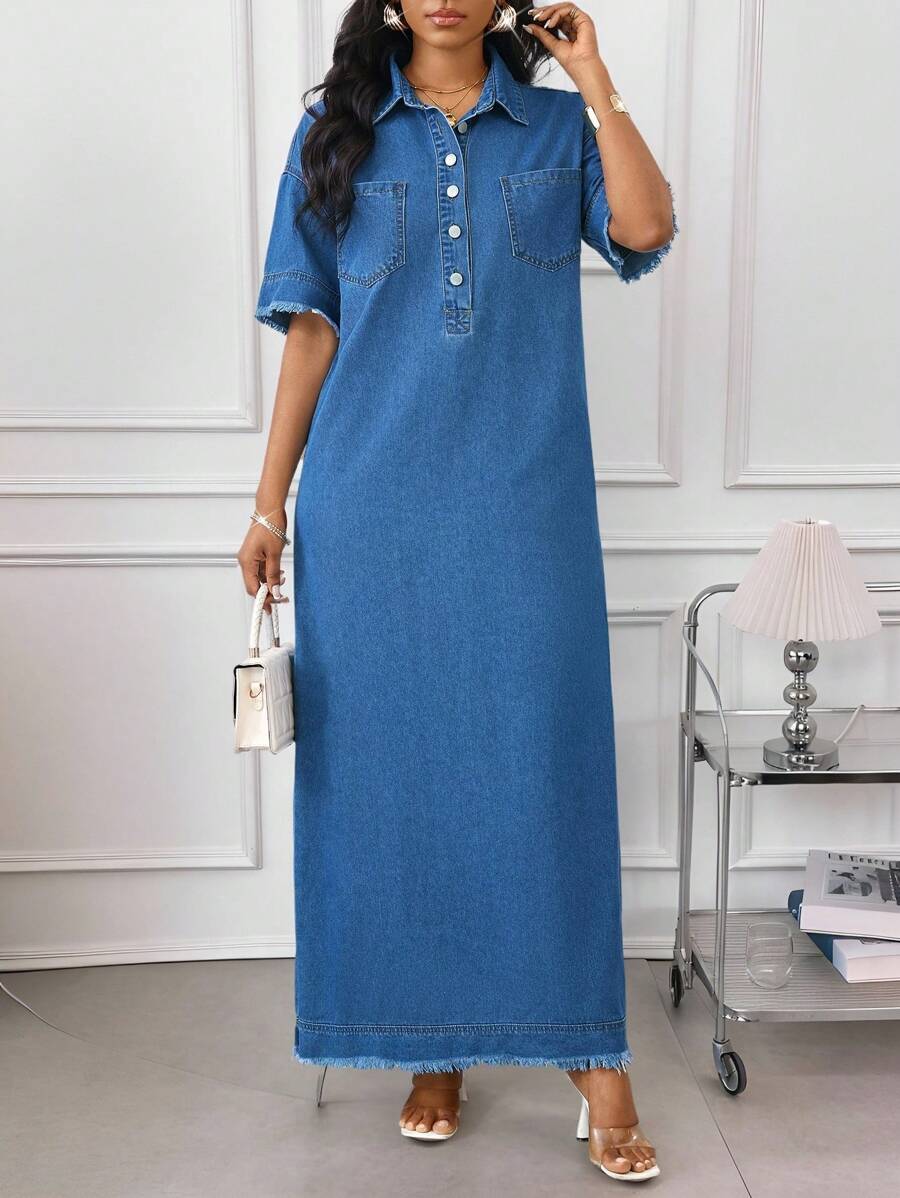 denim shirt dress with raw edge hem