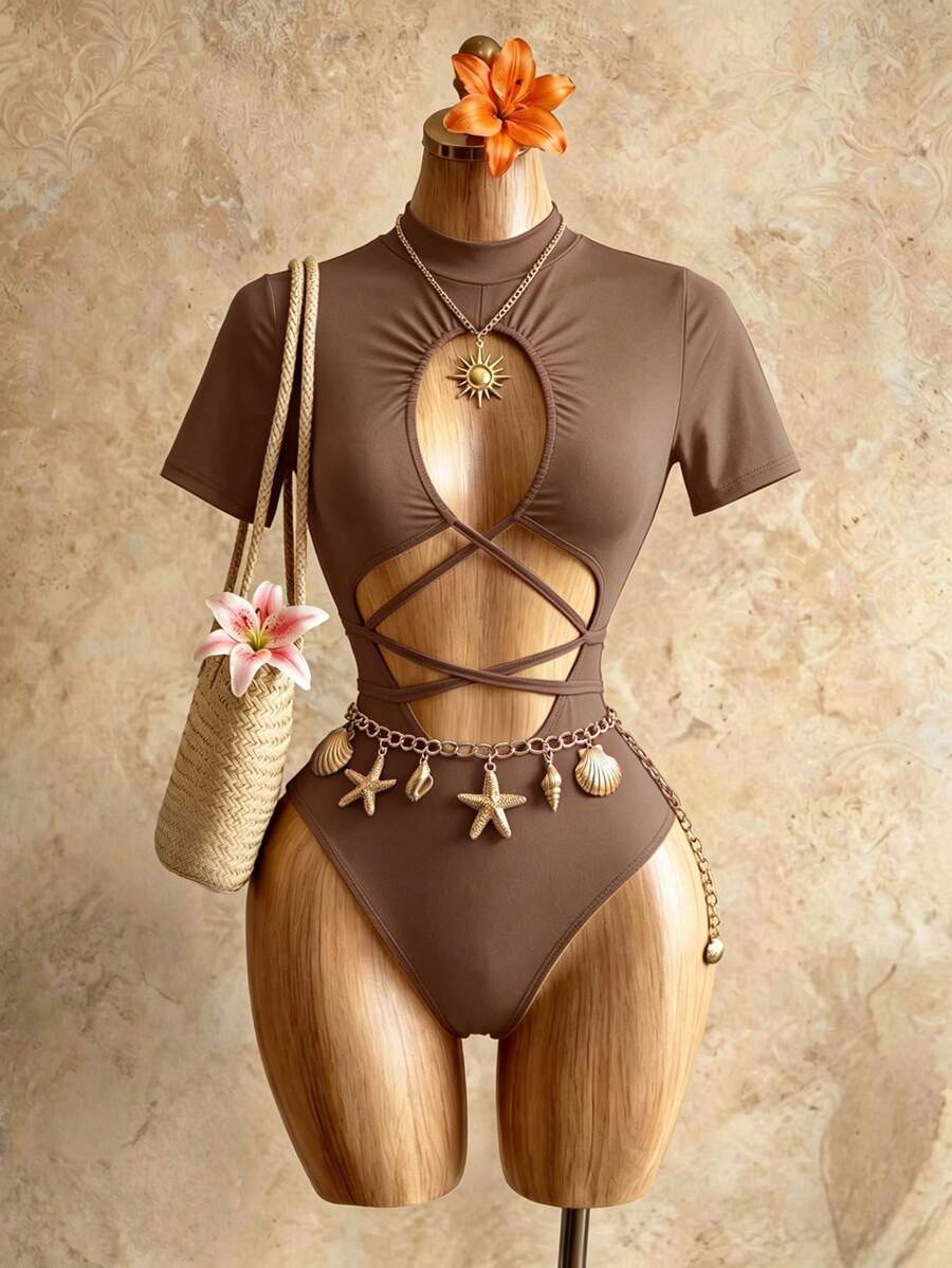 mistrie backless criss-cross strap mock neck bodysuit