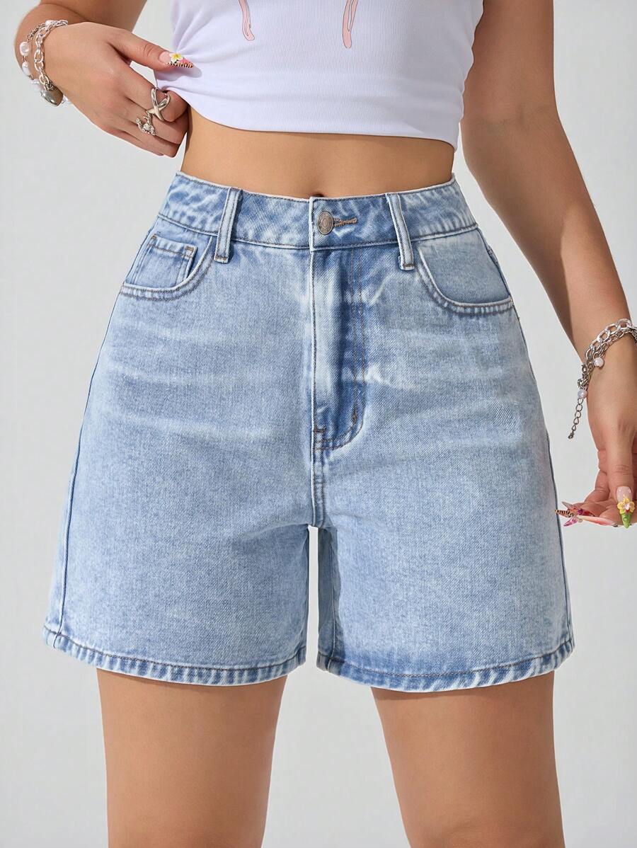 high waisted light wash denim shorts