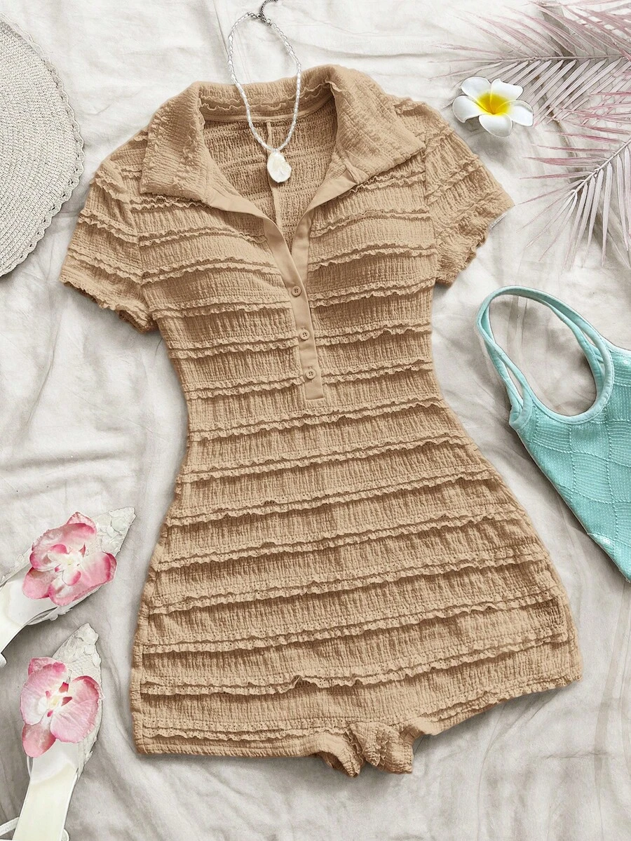 beige textured fabric half-button front romper