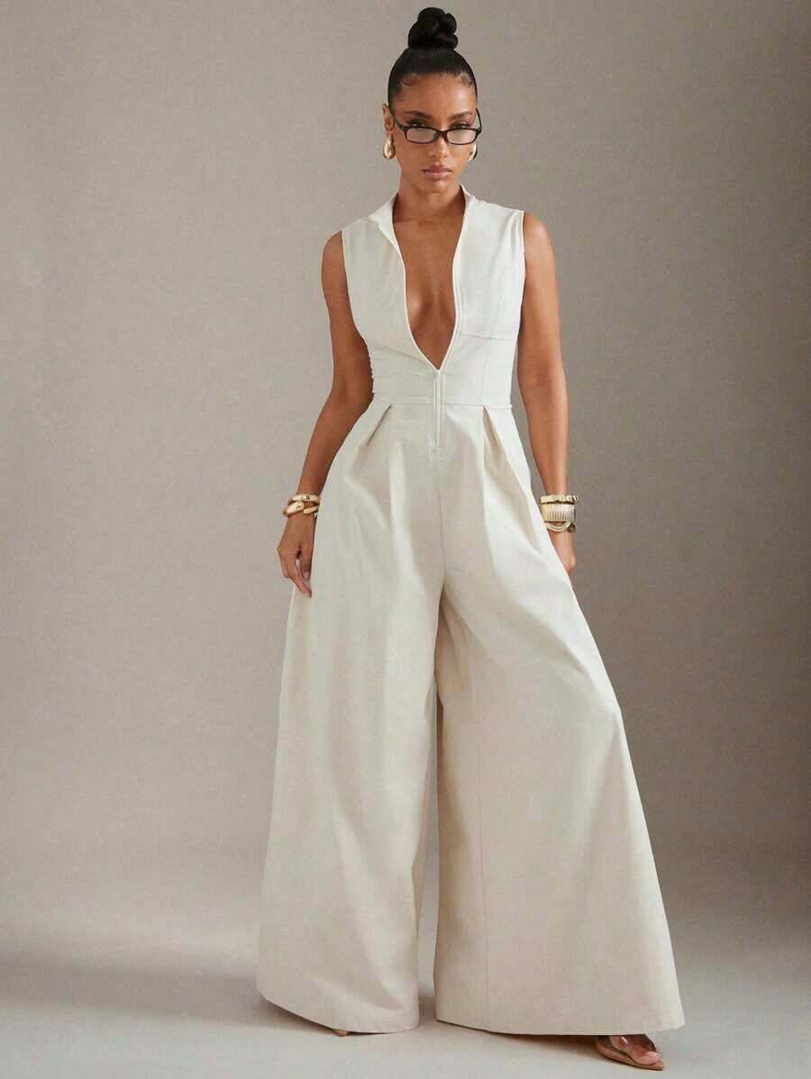 white sleeveless zip front wide leg jumpsuit